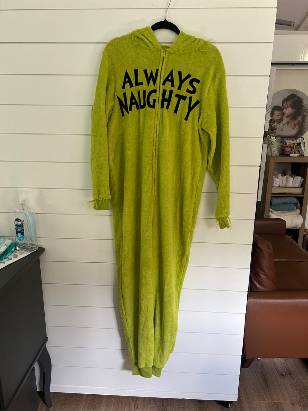 Kids Lime Green Hooded Pajama Onesie with 'Always Naughty' Print